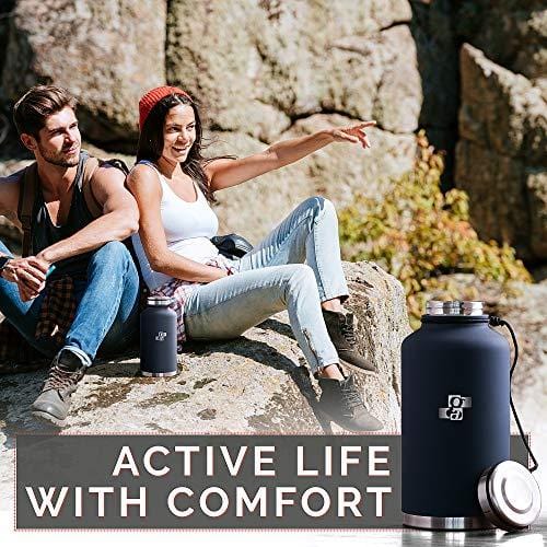 GA Beer Growler and Water Bottle 64 oz - Insulated Stainless Steel Vacuum Thermos Water Jug for Hot and Cold Beverages - Dark Blue with Black Neoprene Growler Carrier