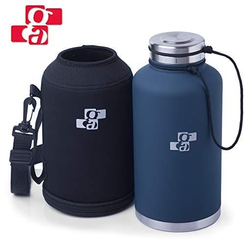 GA Beer Growler and Water Bottle 64 oz - Insulated Stainless Steel Vacuum Thermos Water Jug for Hot and Cold Beverages - Dark Blue with Black Neoprene Growler Carrier