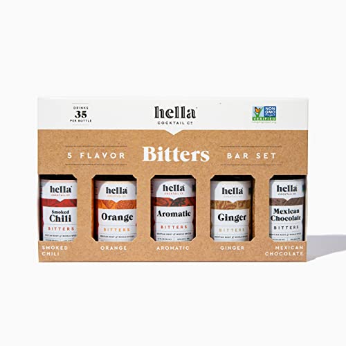 Hella Cocktail Co. 5-Pack Bitters Bar Set (8.5 Fl Oz Total) - Craft Aromatic, Orange, Ginger, Mexican Chocolate, and Smoked Chili Cocktail Bitters