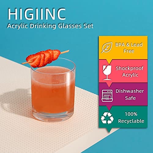 HIGIINC Plastic Drinking Glasses Set of 6, Acrylic Dishwasher Safe Cocktail Water Tumblers, Old Fashioned Lowball Home Bar Glassware Set for Water, Cocktail, Juice, Whiskey, Bourbon