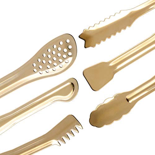 HINMAY Gold Plated Mini Serving Tongs Set 6-Inch Appetizers Tongs Stainless Steel Small Sugar Cube Tongs Ice Tongs, Set of 6