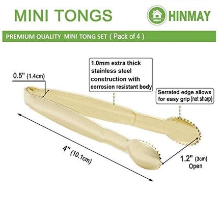 HINMAY Mini Serving Tongs 4-Inch Sugar Cube Tongs Appetizer Tongs, Set of 4 (Gold)