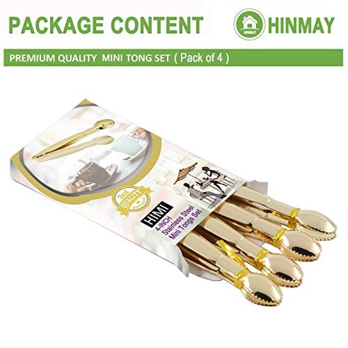 HINMAY Mini Serving Tongs 4-Inch Sugar Cube Tongs Appetizer Tongs, Set of 4 (Gold)