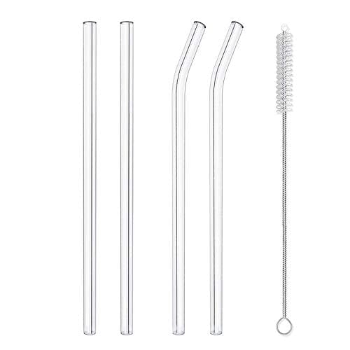 Hiware Reusable Glass Straws Set, 4-piece Drinking Staws with Cleaning Brush, 10