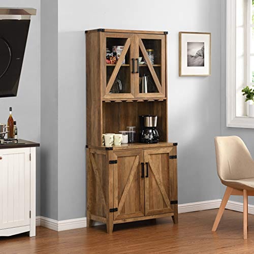 Bar Cabinet with Upper Glass Cabinet and Reclaimed Barn Wood Finish