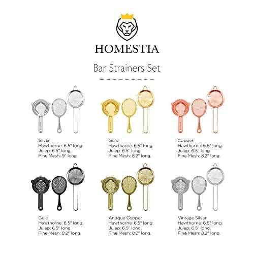 Homestia Cocktail Strainer Set Stainless Steel Bar Tool Bar Accessories for Drinks and Decor includes Hawthorne Strainer, Julep Strainer, Fine Mesh Strainer(Black)