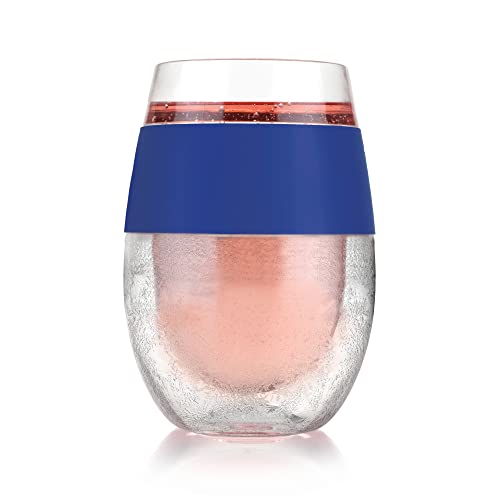 Host Cooling Cup Set of 2 Plastic Double Wall Insulated Freezable Drink Chilling Tumbler with Freezing Gel, Wine Glasses for Red and White Wine, 8.5 oz, Blue