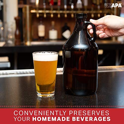 Ilyapa Amber Glass Growlers for Beer, 2 Pack - 64 oz Half Gallon Jug Set with Lids - Great for Home Brewing, Kombucha, Cider & More