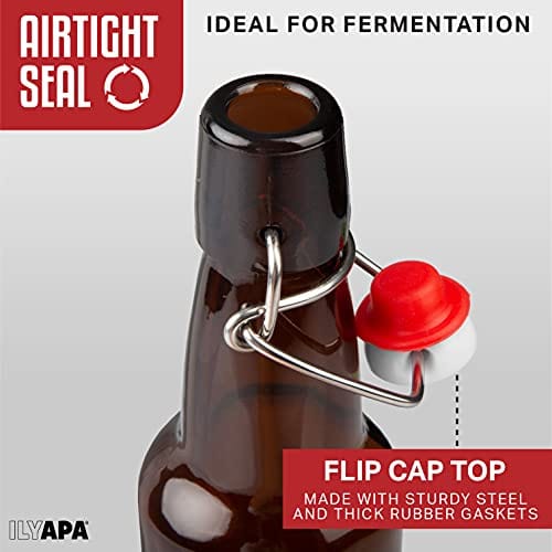 Ilyapa 12oz Amber Glass Beer Bottles for Home Brewing - 12 Pack with Flip Caps for Beer Bottling