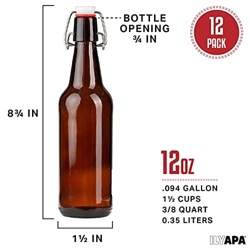 Ilyapa 12oz Amber Glass Beer Bottles for Home Brewing - 12 Pack with Flip Caps for Beer Bottling