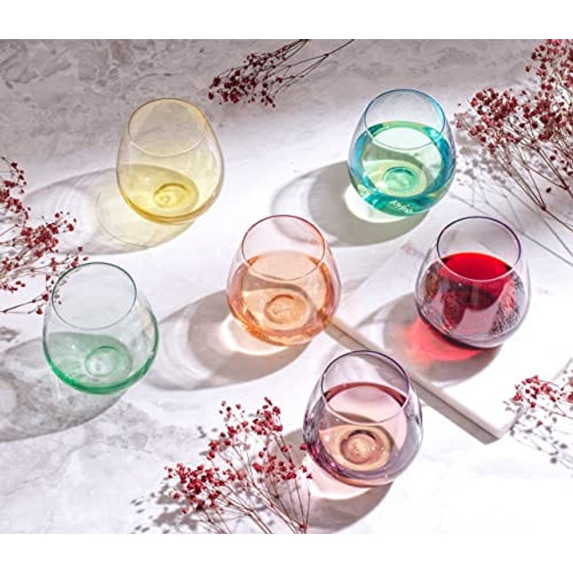 ColoVie 15 oz Stemless Wine Glasses Set of 6, Large Colored Wine