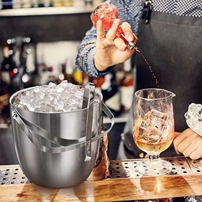 FineDine Double- Wall Stainless Steel Insulated Ice Bucket with Lid and Ice Tong - 3 Liter Modern Bamboo Lid with Built-in Tongs- Comfortable Carry HA