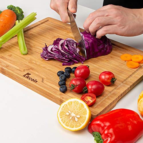 Bamboo Cutting Board, (Set of 3) Heavy Duty Kitchen Chopping Board with Juice Groove Wood Butcher Block and Wooden Carving Board Serving Tray, Kikcoin