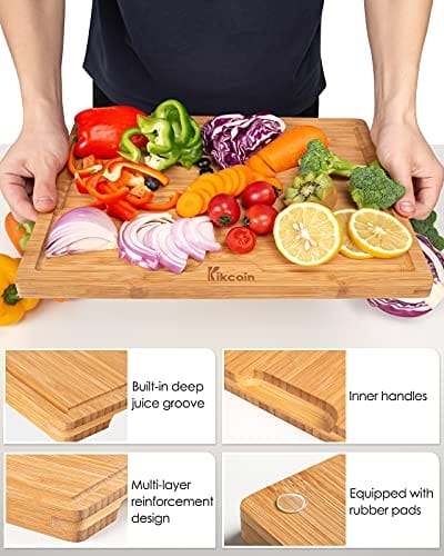 Bamboo Cutting Board, (Set of 3) Heavy Duty Kitchen Chopping Board with Juice Groove Wood Butcher Block and Wooden Carving Board Serving Tray, Kikcoin