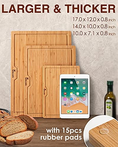 Bamboo Cutting Board, (Set of 3) Heavy Duty Kitchen Chopping Board with Juice Groove Wood Butcher Block and Wooden Carving Board Serving Tray, Kikcoin