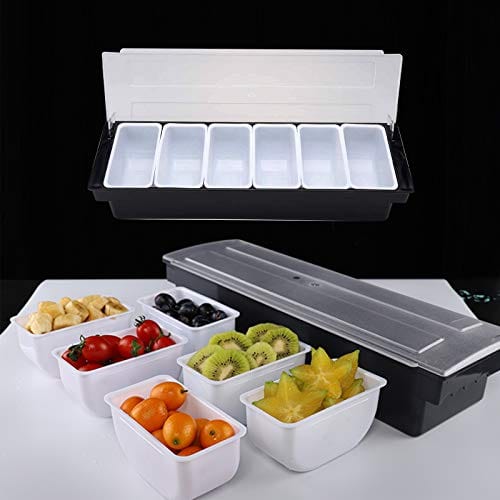 Clear Condiment Dispenser Restaurant Bar Serving Tray Ice Chilled Organizer with Station and Lid for Serving Fruits, Ice Cream, Salad, Toppings( 6 Compartments)