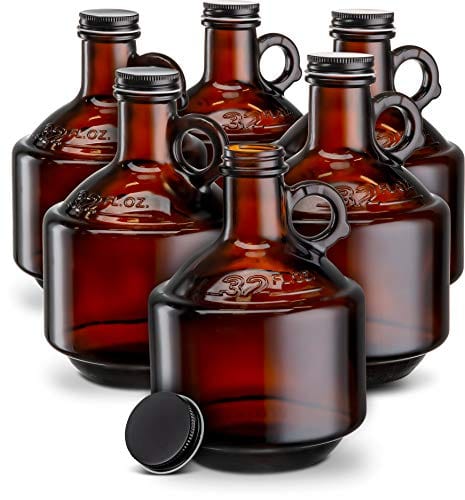 Amber Glass Bottles, by Kook, Growlers, with Black Plastisol Lined Lids, Beer, Soda, Cider, Kombucha, Set of 6, 32oz,