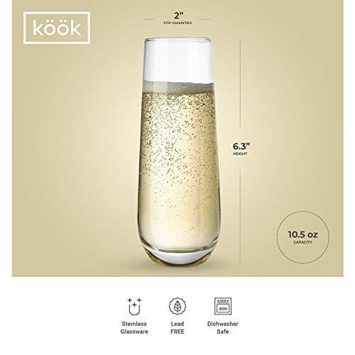 Stemless Champagne Flutes, by KooK, Durable Glass, Set of 8, 10.5oz