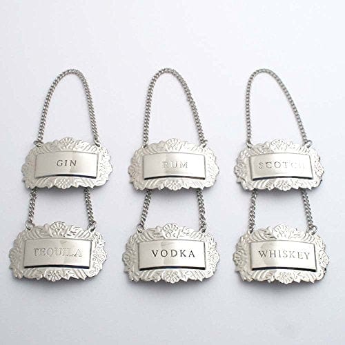 Engraved Nickel Liquor Decanter Labels - Set of 6 - Alcohol Bottles Home Bar Pub Tequila