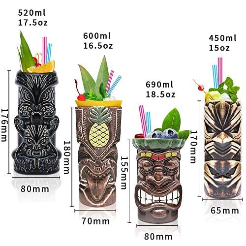 Tiki Mugs Cocktail Set of 4 - Large Tumblers Ceramic Hawaiian Luau Party Mugs Drinkware, Cute Exotic Cocktail Glasses, Tiki Bar Professional Hawaiian Party Barware, TKSET0005