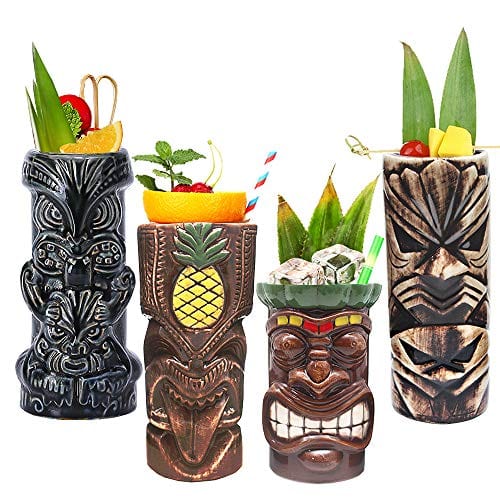 Tiki Mugs Cocktail Set of 4 - Large Tumblers Ceramic Hawaiian Luau Party Mugs Drinkware, Cute Exotic Cocktail Glasses, Tiki Bar Professional Hawaiian Party Barware, TKSET0005