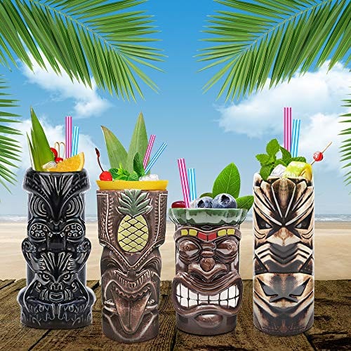 Tiki Mugs Cocktail Set of 4 - Large Tumblers Ceramic Hawaiian Luau Party Mugs Drinkware, Cute Exotic Cocktail Glasses, Tiki Bar Professional Hawaiian Party Barware, TKSET0005