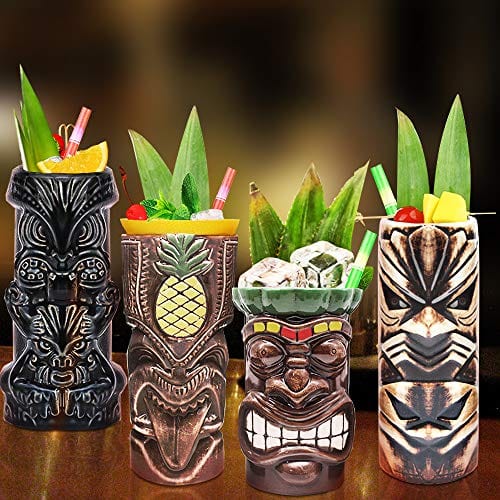 Tiki Mugs Cocktail Set of 4 - Large Tumblers Ceramic Hawaiian Luau Party Mugs Drinkware, Cute Exotic Cocktail Glasses, Tiki Bar Professional Hawaiian Party Barware, TKSET0005