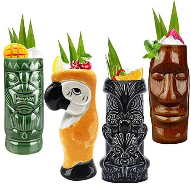 SuproBarware Tiki Glasses Mugs for Cocktails Set of 4 Ceramic Tiki Party Cups Bar Decor Creative Tiki Mug Set Large Hawaiian Tropical Tiki Dr