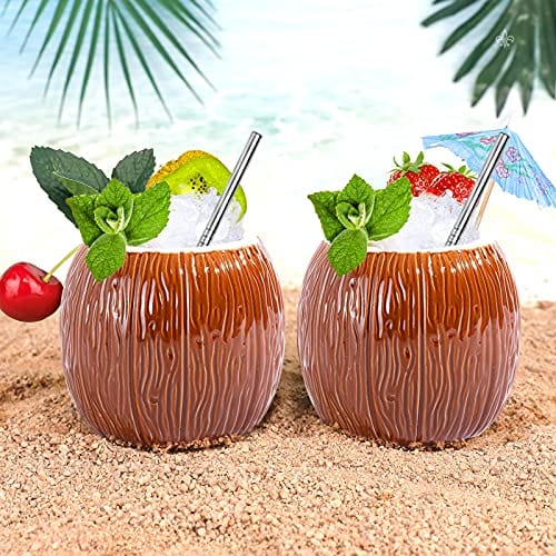 Tiki Mugs Set of 4 Coconut Cup Tiki Cups Ceramic Coconut Mugs 17 Ounces for Novelty Coffee Mugs