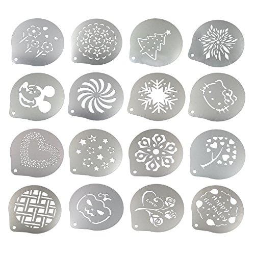 Lofekea Stainless Steel Powder Shakers Coffee Cocoa Cinnamon Shaker Cans Mesh Duster With 16PCS Stainless Steel Barista Coffee Decorating Stencils Template For Latte Cappuccino, Cupcake Stencils