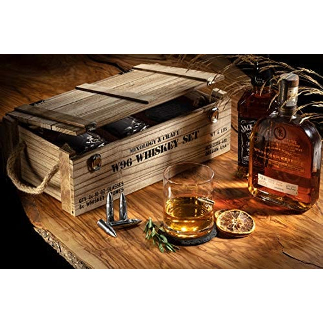  Whiskey Stones Gift Set for Men, Whiskey Glass and Stone Set  with Wooden Army Crate, 6 Stainless Steel Whiskey Bullets and 10oz Whiskey  Glasses