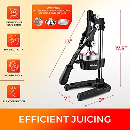 Mueller Professional Citrus Juicer - Manual Citrus Press and Orange Squeezer - Metal Lemon Squeezer - Premium Quality Heavy Duty Manual Orange Juicer and Lime Squeezer Press Stand, Black