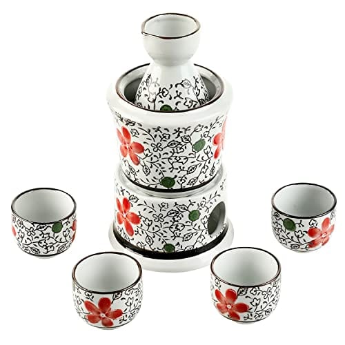 MyGift 7-Piece Ceramic Sake Warmer Hot Saki Set with Red Flower Design Includes Tokkuri Bottle Carafe, Ochoko Cups and Small Warmer Stove, Japanese Style Sake Wine Server Set