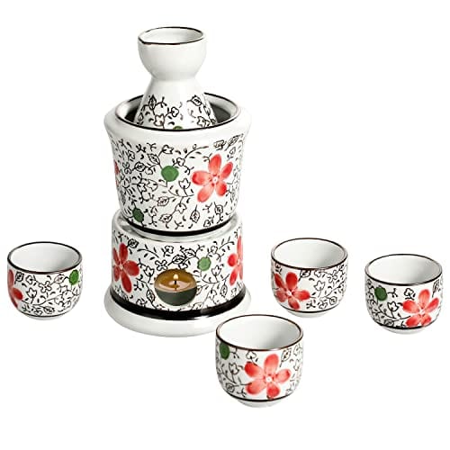 MyGift 7-Piece Ceramic Sake Warmer Hot Saki Set with Red Flower Design Includes Tokkuri Bottle Carafe, Ochoko Cups and Small Warmer Stove, Japanese Style Sake Wine Server Set