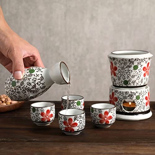 MyGift 7-Piece Ceramic Sake Warmer Hot Saki Set with Red Flower Design Includes Tokkuri Bottle Carafe, Ochoko Cups and Small Warmer Stove, Japanese Style Sake Wine Server Set