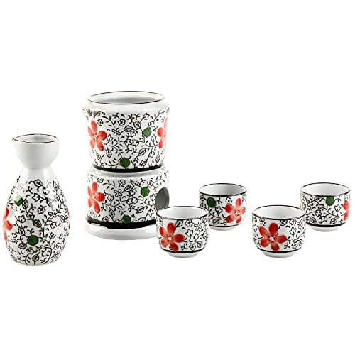 MyGift 7-Piece Ceramic Sake Warmer Hot Saki Set with Red Flower Design Includes Tokkuri Bottle Carafe, Ochoko Cups and Small Warmer Stove, Japanese Style Sake Wine Server Set