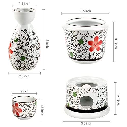 MyGift 7-Piece Ceramic Sake Warmer Hot Saki Set with Red Flower Design Includes Tokkuri Bottle Carafe, Ochoko Cups and Small Warmer Stove, Japanese Style Sake Wine Server Set