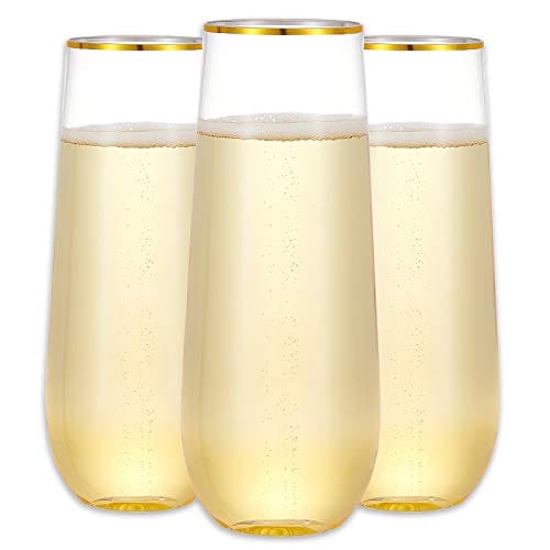 N9R 12 Pack Plastic Champagne Flutes, 9 oz Stemless Disposable Gold Rim Toasting Glasses, Crystal Clear Cocktail Cups Drinkware Shatterproof Ideal for Party Wedding Birthday