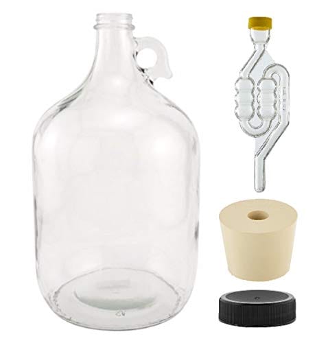 North Mountain Supply - 1G-38-ST-TB-1 1 Gallon Glass Fermenting Jug with Handle, 6.5 Rubber Stopper, Twin Bubble Airlock, Black Plastic Lid (Set of 1)