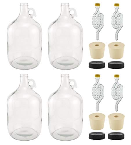 North Mountain Supply - B084KXX553 1 Gallon Glass Fermenting Jug with Handle, 6.5 Rubber Stopper, Twin Bubble Airlock, Black Plastic Lid (Set of 4)