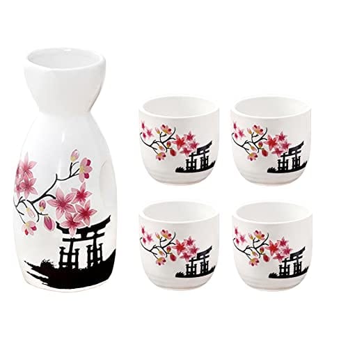 5 Pcs Sake Set Traditional Japan Sake Cup Set Hand Painted Design Porcelain Pottery Ceramic Cups Crafts Wine Glasses (Pink Flower, 200 ML)