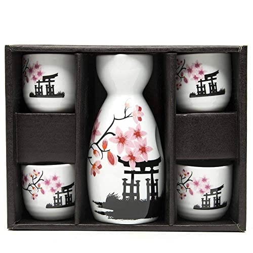 5 Pcs Sake Set Traditional Japan Sake Cup Set Hand Painted Design Porcelain Pottery Ceramic Cups Crafts Wine Glasses (Pink Flower, 200 ML)