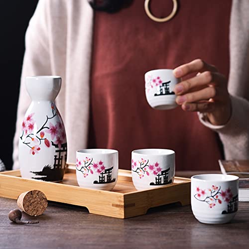 5 Pcs Sake Set Traditional Japan Sake Cup Set Hand Painted Design Porcelain Pottery Ceramic Cups Crafts Wine Glasses (Pink Flower, 200 ML)