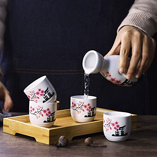 5 Pcs Sake Set Traditional Japan Sake Cup Set Hand Painted Design Porcelain Pottery Ceramic Cups Crafts Wine Glasses (Pink Flower, 200 ML)