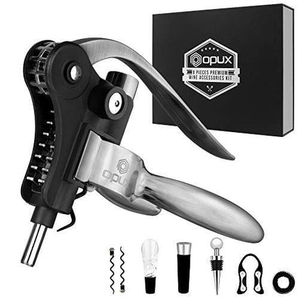 OPUX Wine Bottle Opener Corkscrew Set | Wine Opener Accessories Kit with Aerator, Foil Cutter, Stopper, Pourer, Drip Ring | Lever Wine Bottle Opener Tools Gift Box for Housewarming, Wedding (Silver)