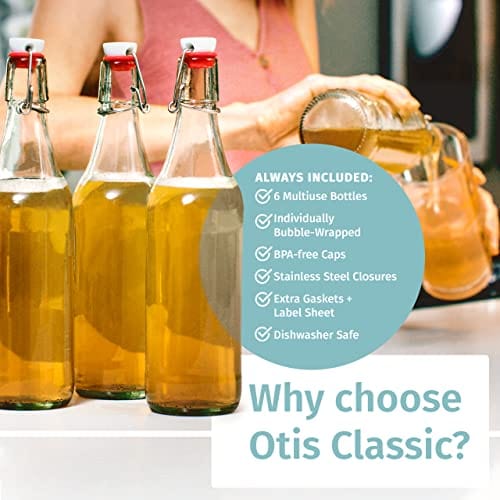 Otis Classic Swing Top Glass Bottles - Set of 6, 16oz w/ Marker & Labels - Clear Bottle with Caps for Juice, Water, Kombucha, Wine, Beer Brewing, Kefir Milk or Eggnog