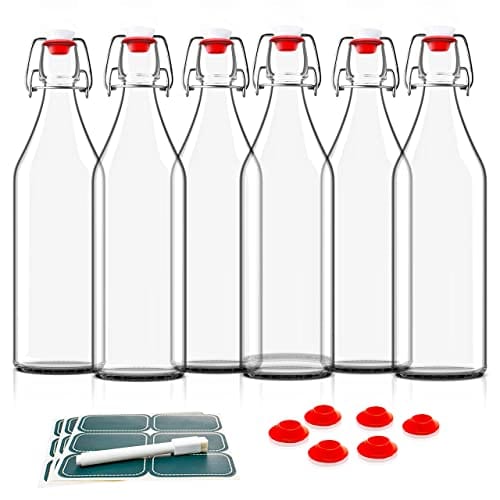 Otis Classic Swing Top Glass Bottles - Set of 6, 16oz w/ Marker & Labels - Clear Bottle with Caps for Juice, Water, Kombucha, Wine, Beer Brewing, Kefir Milk or Eggnog