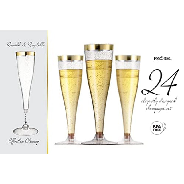 N9R 12 Pack Plastic Champagne Flutes, 9 oz Stemless Disposable Gold Rim Toasting Glasses, Crystal Clear Cocktail Cups Drinkware Shatterproof Ideal