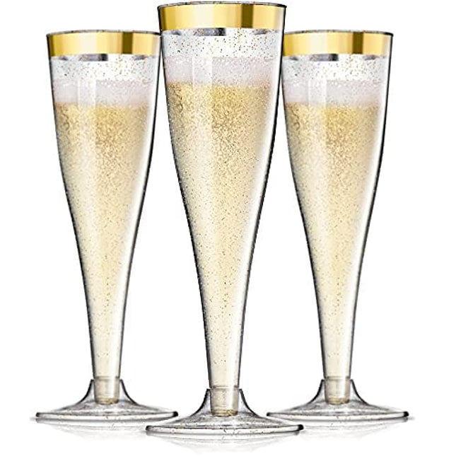 N9R 12 Pack Plastic Champagne Flutes, 9 oz Stemless Disposable Gold Rim Toasting Glasses, Crystal Clear Cocktail Cups Drinkware Shatterproof Ideal