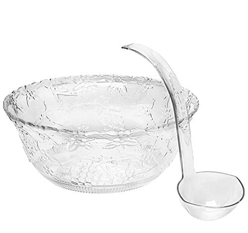 Pro Dispose Heavyweight Clear Plastic 2 Gallon Punch Bowl With 5 OZ Plastic Serving Ladle, Embroidered Design 8 Quart Serving Bowl.